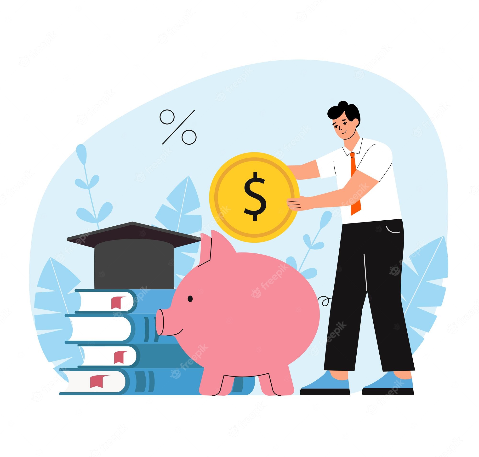 Man inserting a large gold coin into a piggy bank beside books and a graduation cap, symbolizing education savings.