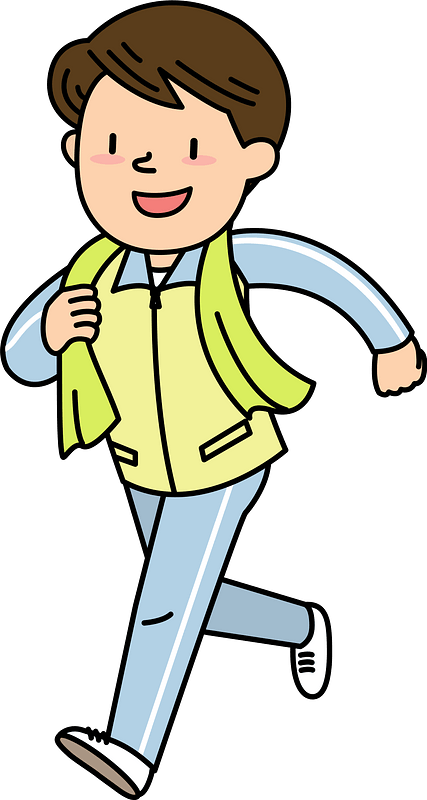 Smiling boy in yellow vest and blue jeans running energetically with backpack.