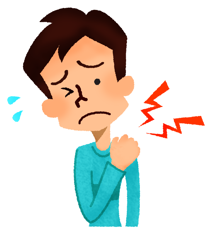 Man clutching shoulder in pain with red lightning bolts indicating sharp discomfort and sweat drops showing distress.