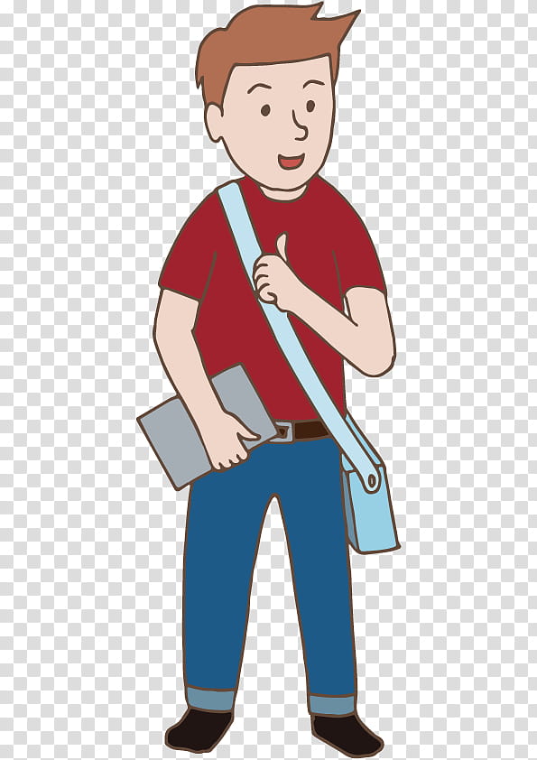 Young man with red shirt, blue jeans, and light blue crossbody bag giving thumbs-up while holding a tablet.