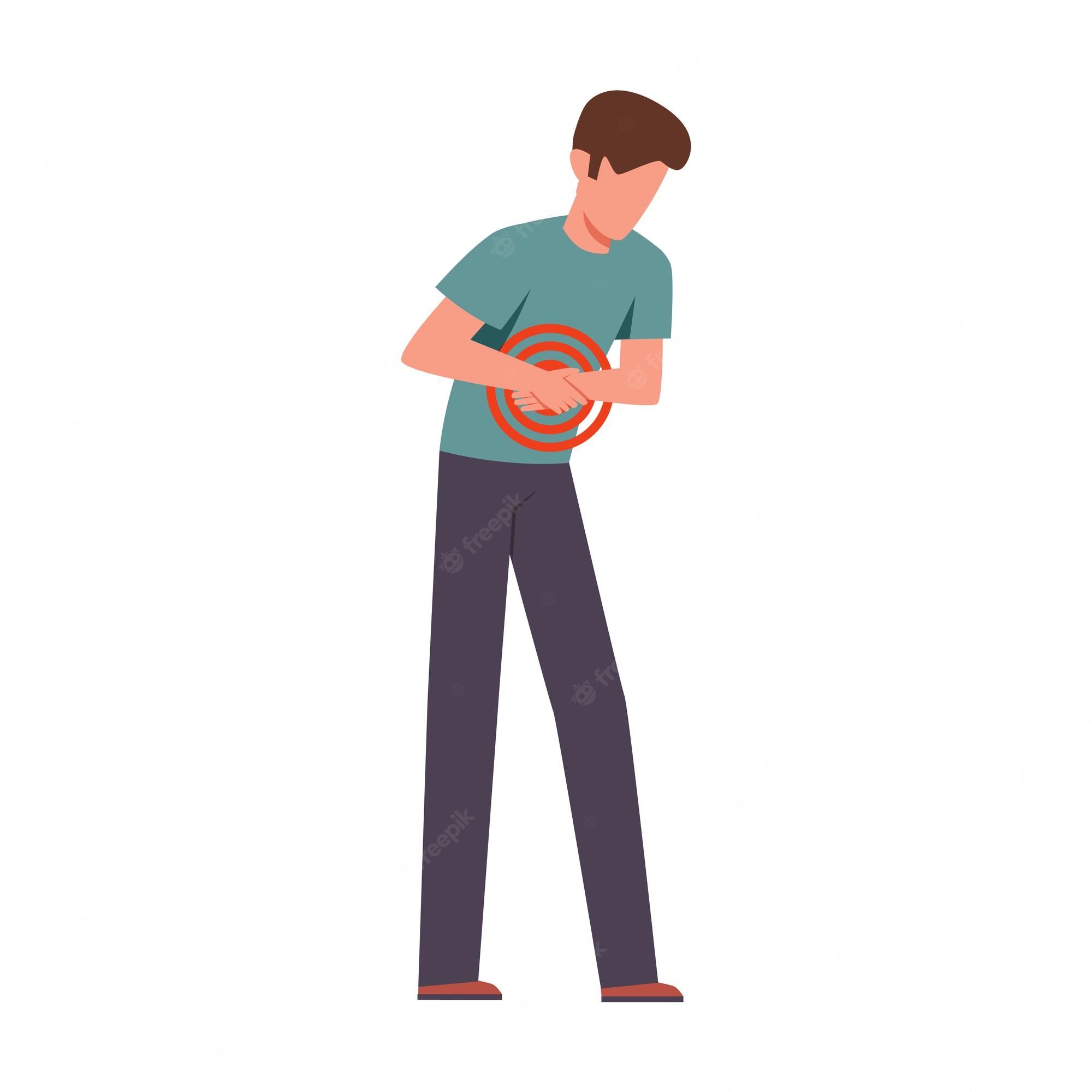 Man clutching stomach with red pain rings indicating abdominal discomfort or illness.