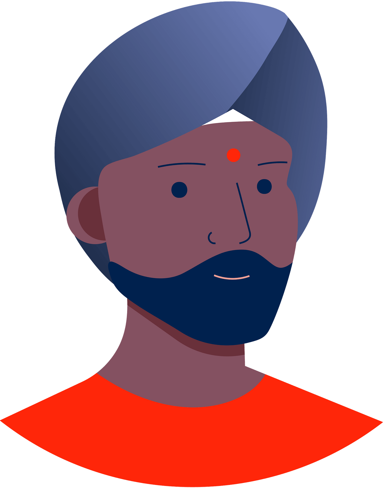 Illustrated portrait of a man with a blue turban, red bindi, beard, and orange shirt against a teal background.