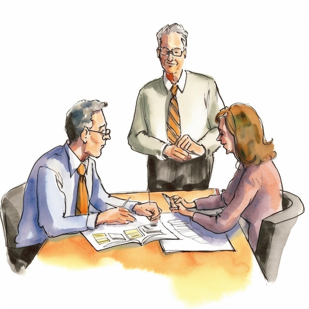 Three professionals in a business meeting reviewing documents at a table, with one standing and two seated.