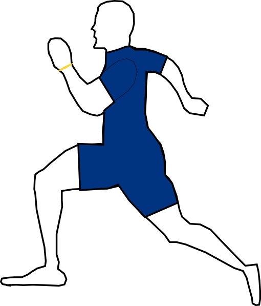 Silhouette of a runner in motion wearing blue athletic shorts and top, with a yellow wristband.
