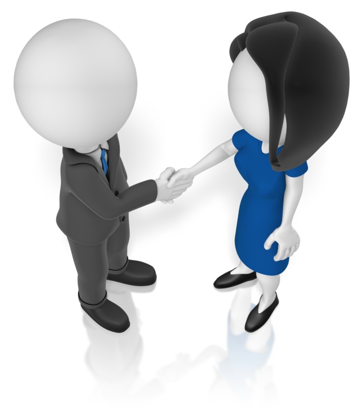 3D cartoon man and woman in business attire shaking hands on white background.