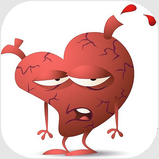 Angry cartoon heart with cracks, arms, legs, and blood droplets, expressing distress or heartbreak.