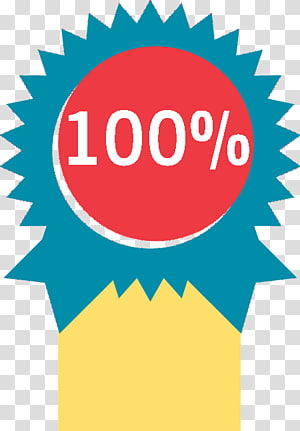 Blue starburst ribbon badge with red circle displaying "100%" in white text, symbolizing perfection or full completion.
