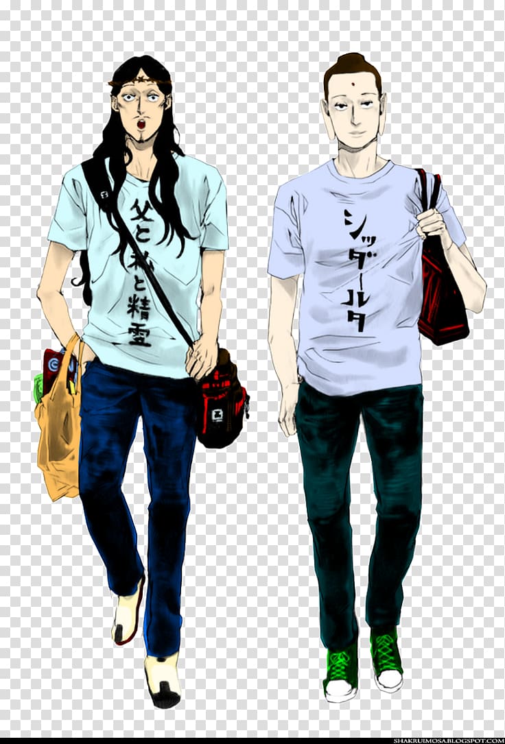 Two anime-style male characters walking side by side, wearing Japanese text T-shirts and carrying bags.
