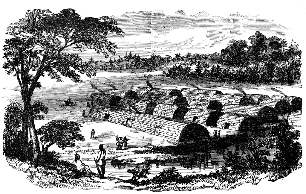 Historical engraving of a Native American village with dome-shaped wattle-and-daub lodges, surrounded by trees and people in daily activity.