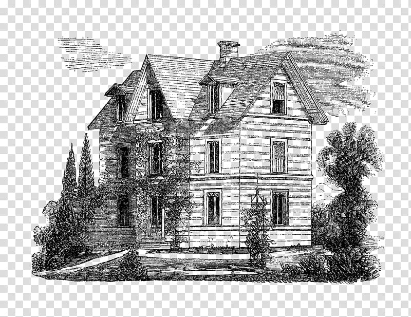 Vintage black-and-white illustration of a two-story Victorian-style house with gabled roof, dormer windows, and surrounding shrubbery.