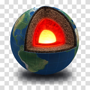 Cross-sectional illustration of Earth showing crust, mantle, outer core, and inner core with glowing center.