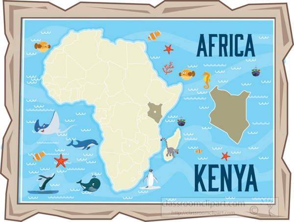 Illustrated map of Africa highlighting Kenya with marine life and geographic features.