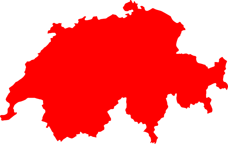 Red silhouette map of Switzerland on a gray background, highlighting national borders.