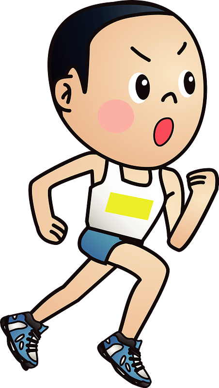 Animated boy running in athletic gear with determined expression and race bib.