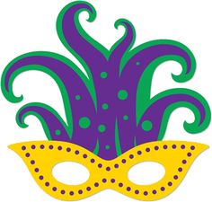 Vibrant Mardi Gras mask in traditional purple, green, and gold with ornate feather plumes and dotted trim.