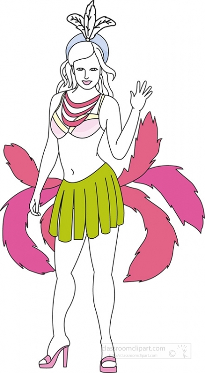 Woman in colorful carnival costume with feather headdress, green skirt, pink accessories, and high heels waving.