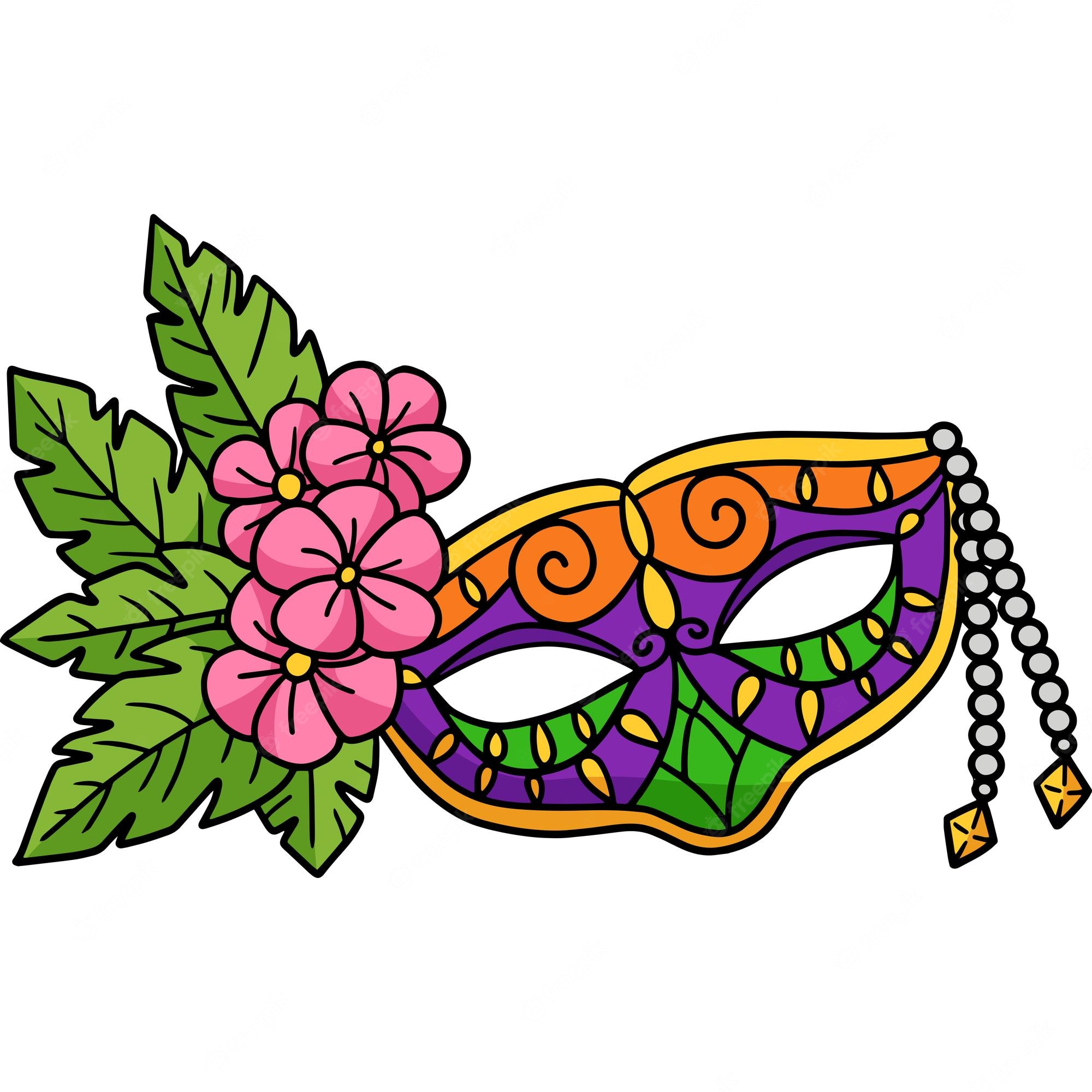 Colorful Mardi Gras mask with pink flowers, green leaves, and pearl tassels on white background.