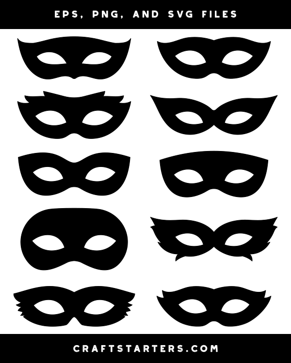 Collection of ten black silhouette masquerade masks in various styles, suitable for printables and crafts.