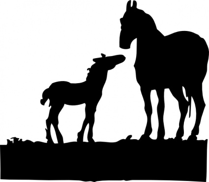 Silhouette of a mare and foal standing together on grassy ground, showing maternal bond.