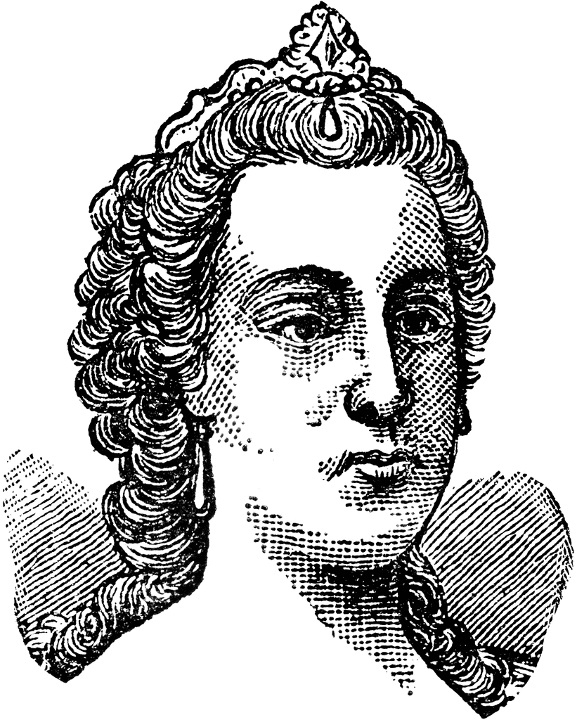 Engraved portrait of a woman with elaborate 18th-century curls and a jeweled tiara, rendered in stipple and line work.
