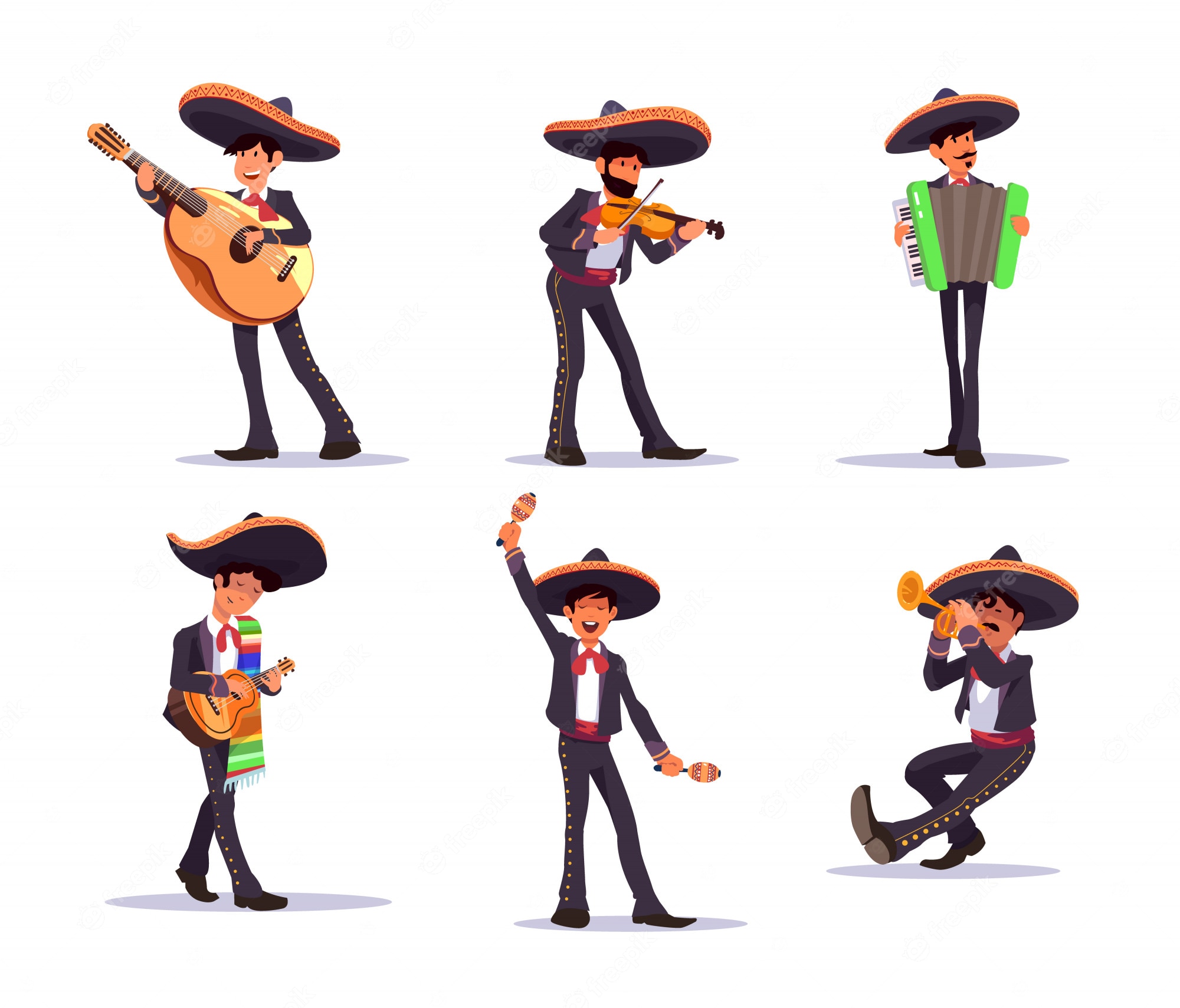 Six cartoon mariachi musicians in traditional charro outfits playing guitar, violin, accordion, vihuela, maracas, and trumpet.