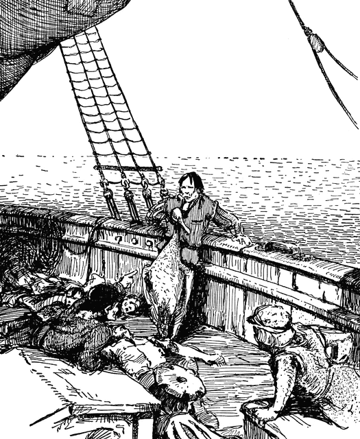 A 19th-century ship deck scene with a man holding a fish, surrounded by exhausted or injured sailors lying on the planks.
