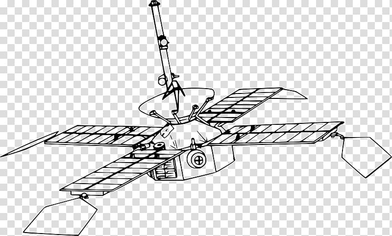 Line drawing of a satellite with solar panels, dish antenna, and booms, shown against transparent background.