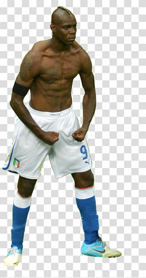 Shirtless Italian footballer Mario Balotelli in white shorts and blue socks, fists clenched, intense expression.