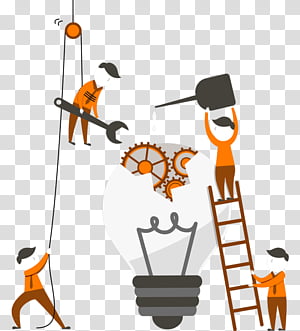 Team of workers assembling and maintaining a lightbulb with tools and gears, symbolizing collaborative innovation.