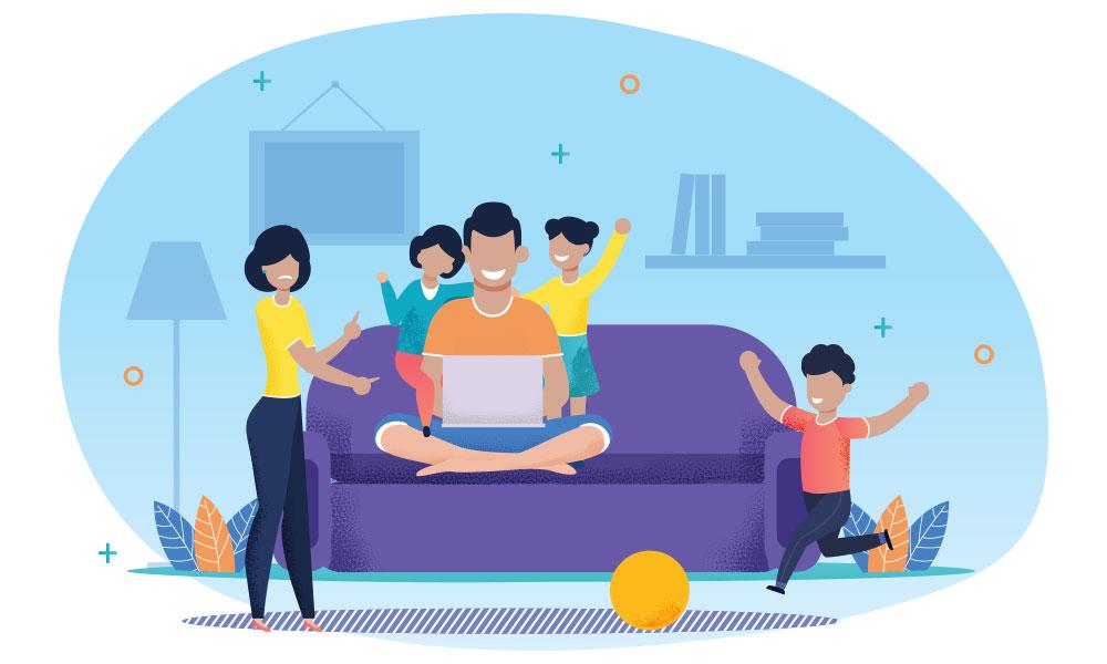 Happy Family Using Laptop Together at Home - Modern Living Room Scene