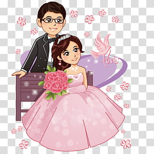 Cartoon bride in pink gown holding roses, groom in tuxedo behind her, surrounded by flowers and hearts.