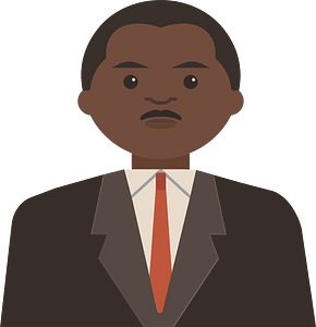 Stylized illustration of a Black man in a dark suit, white shirt, and red tie with a serious expression against green background.