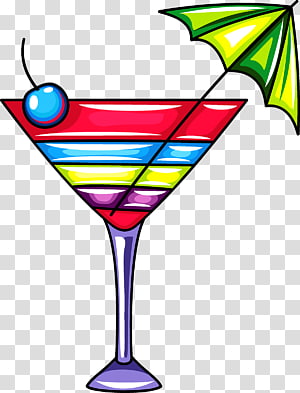 Vibrant rainbow-layered cocktail in a martini glass, garnished with a cherry and green umbrella.