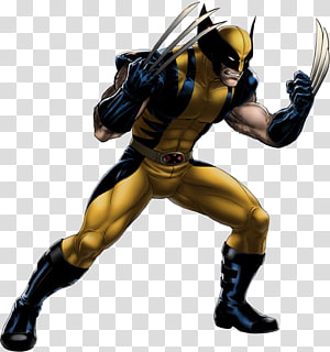 Wolverine in classic yellow-and-blue X-Men suit, claws extended, in combat stance.
