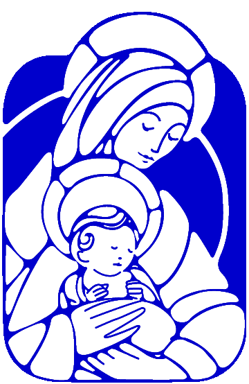 Blue stylized illustration of the Virgin Mary cradling the infant Jesus with halos and serene expressions.