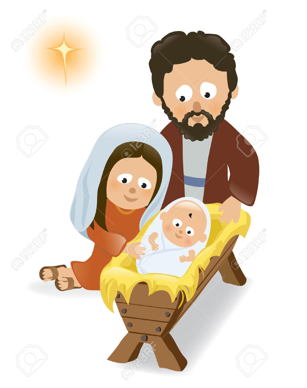 Nativity scene with Mary, Joseph, baby Jesus in manger, and the Star of Bethlehem shining above.