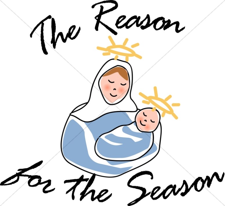 Mary holding baby Jesus with halos, titled "The Reason for the Season"