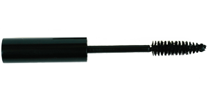 Black mascara wand with dense bristle brush and sleek tube, isolated on white background.