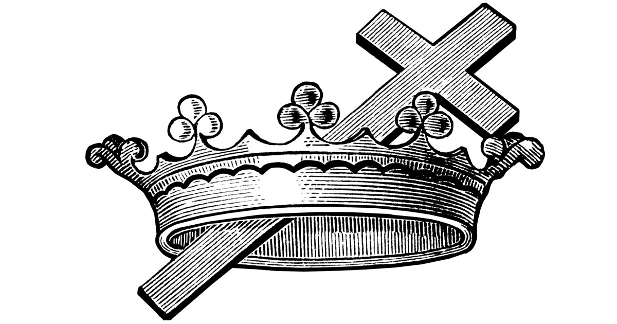 A black-and-white line drawing of a royal crown with a Christian cross emerging from its center, symbolizing monarchy and faith.