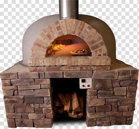 Traditional wood-fired brick pizza oven with glowing fire and pizzas baking inside, stone base with firewood storage.
