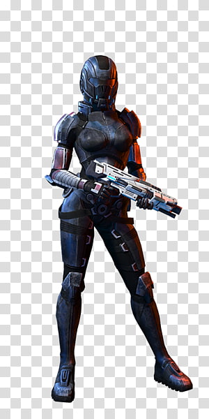 Female sci-fi soldier in black armored suit holding futuristic rifle, standing confidently on transparent background.