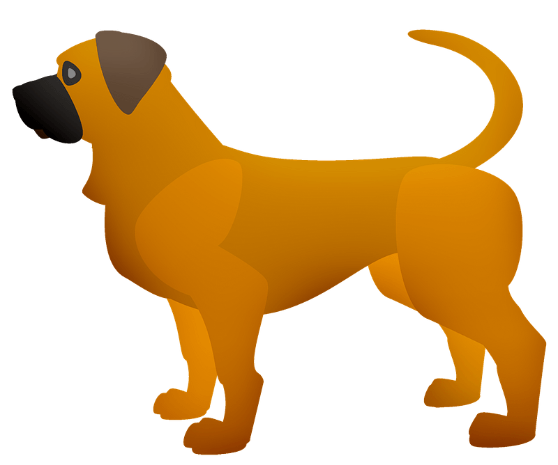 Stylized illustration of a tan mastiff-type dog with black muzzle and brown ears, standing in profile against teal background.
