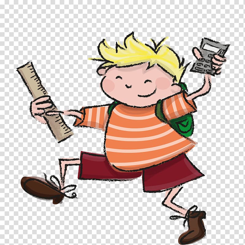 Happy cartoon boy with blonde hair holding a ruler and calculator, wearing striped shirt and backpack, mid-jump.