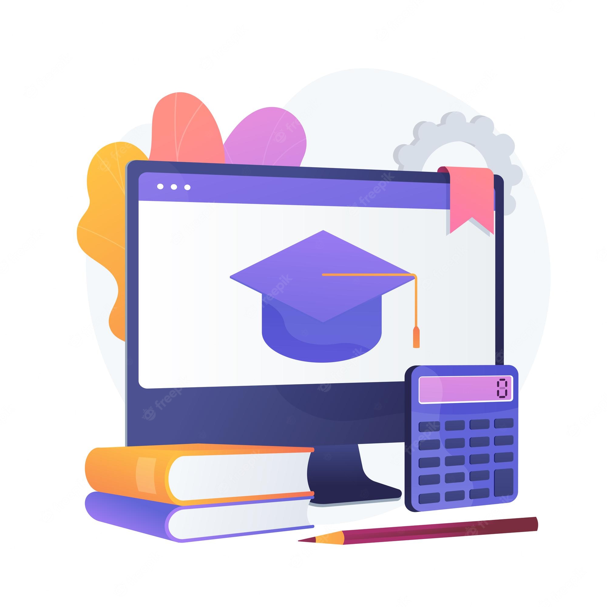 Online education illustration with graduation cap on computer screen, books, calculator, and pencil.
