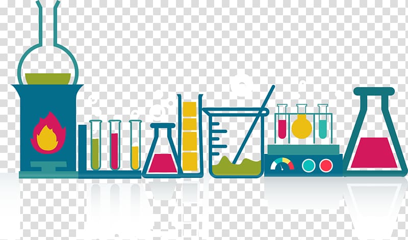Colorful flat-style illustration of laboratory equipment including beakers, flasks, test tubes, and a Bunsen burner with flame.