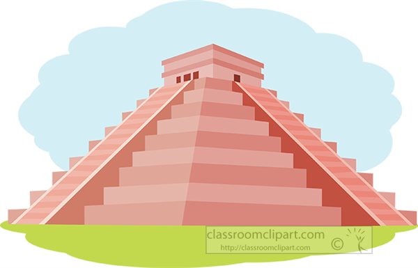 Illustration of a pink stepped pyramid with staircases and temple top, set against a light blue sky and green grass.