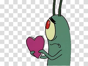 Green cartoon insect character holding a pink heart with a shy expression.