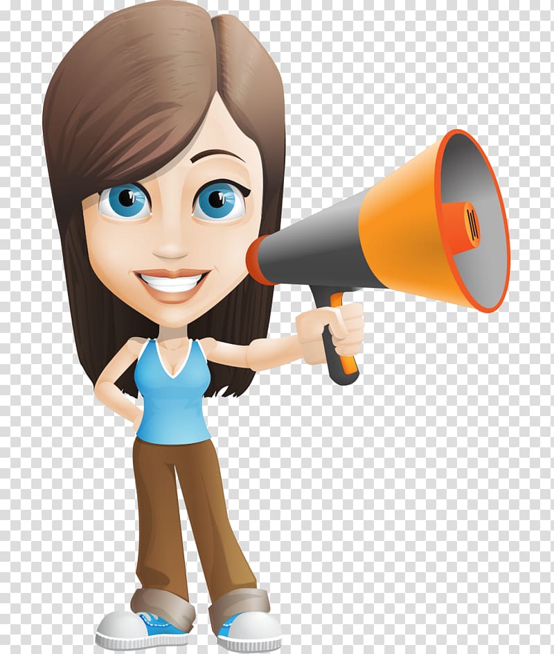 Cartoon woman with brown hair and blue eyes holding an orange megaphone, smiling confidently.