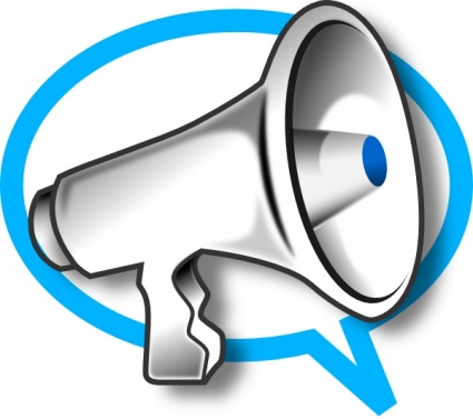 Silver megaphone inside a blue speech bubble icon, symbolizing announcement or communication.