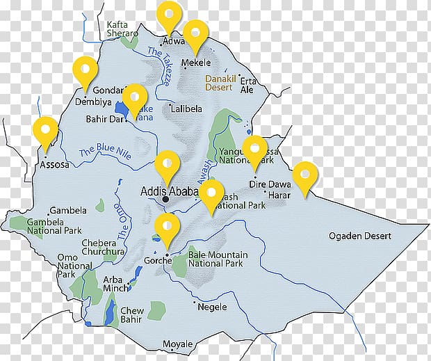 Map of Ethiopia highlighting major cities, national parks, rivers (Blue Nile, Awash), and deserts (Danakil, Ogaden) with location pins.